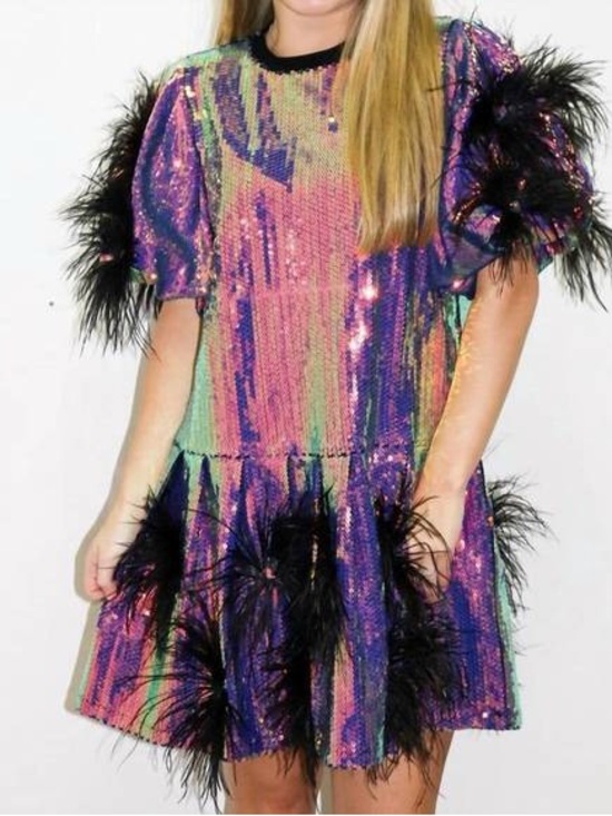 QUEEN OF SPARKLES Dresses & Skirts - Queen of Sparkles Iridescent Sequin Feather Trim Dress